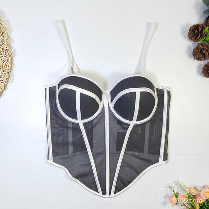 Color-Block Mesh Boned Bustier Top with Pads