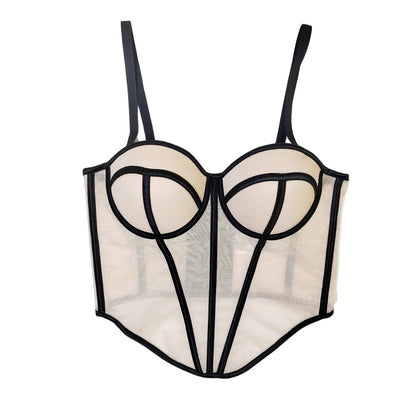 Color-Block Mesh Boned Bustier Top with Pads