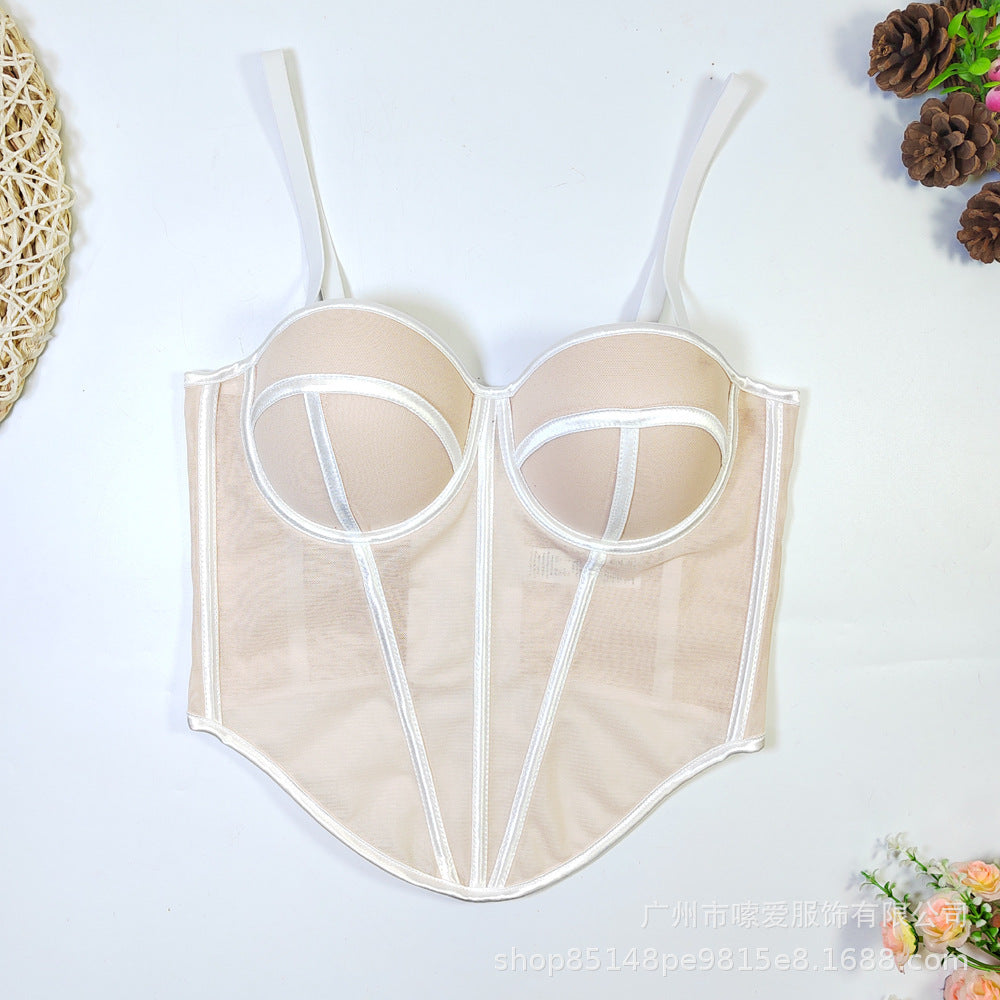 Color-Block Mesh Boned Bustier Top with Pads