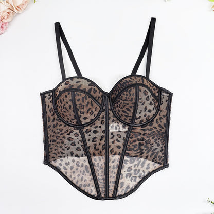 Leopard Print Mesh Panel Boned Corset Bra Top