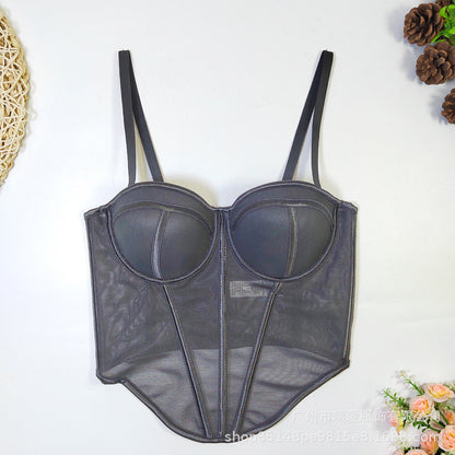 Color-Block Mesh Boned Bustier Top with Pads