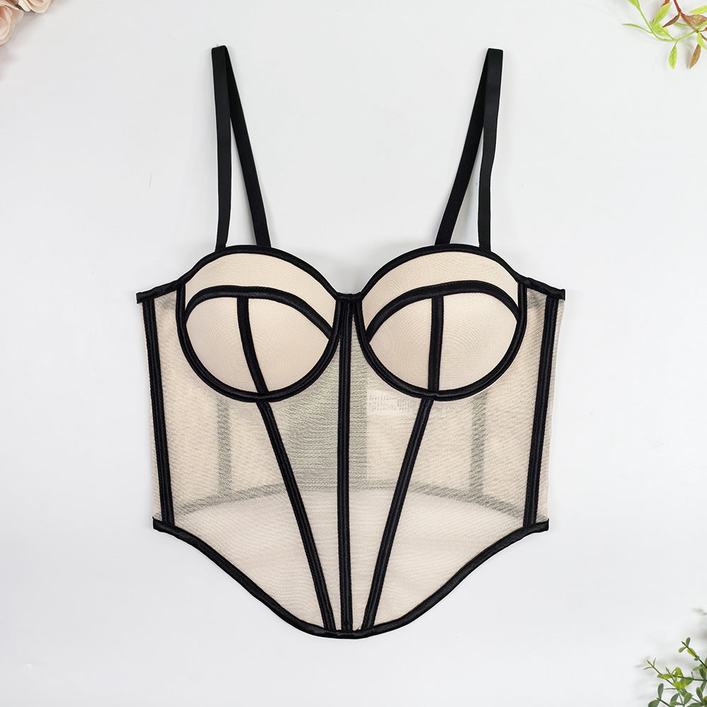 Color-Block Mesh Boned Bustier Top with Pads