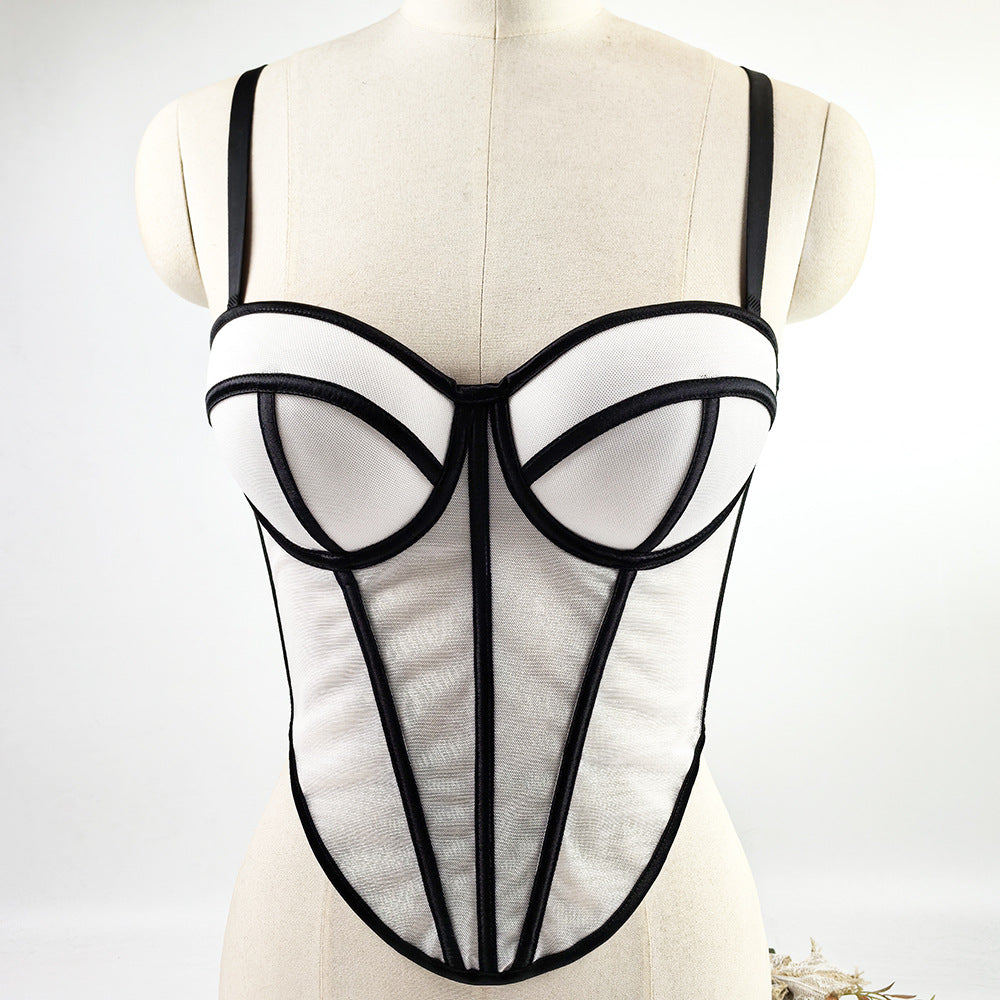 Color-Block Mesh Boned Bustier Top with Pads