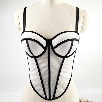 Color-Block Mesh Boned Bustier Top with Pads