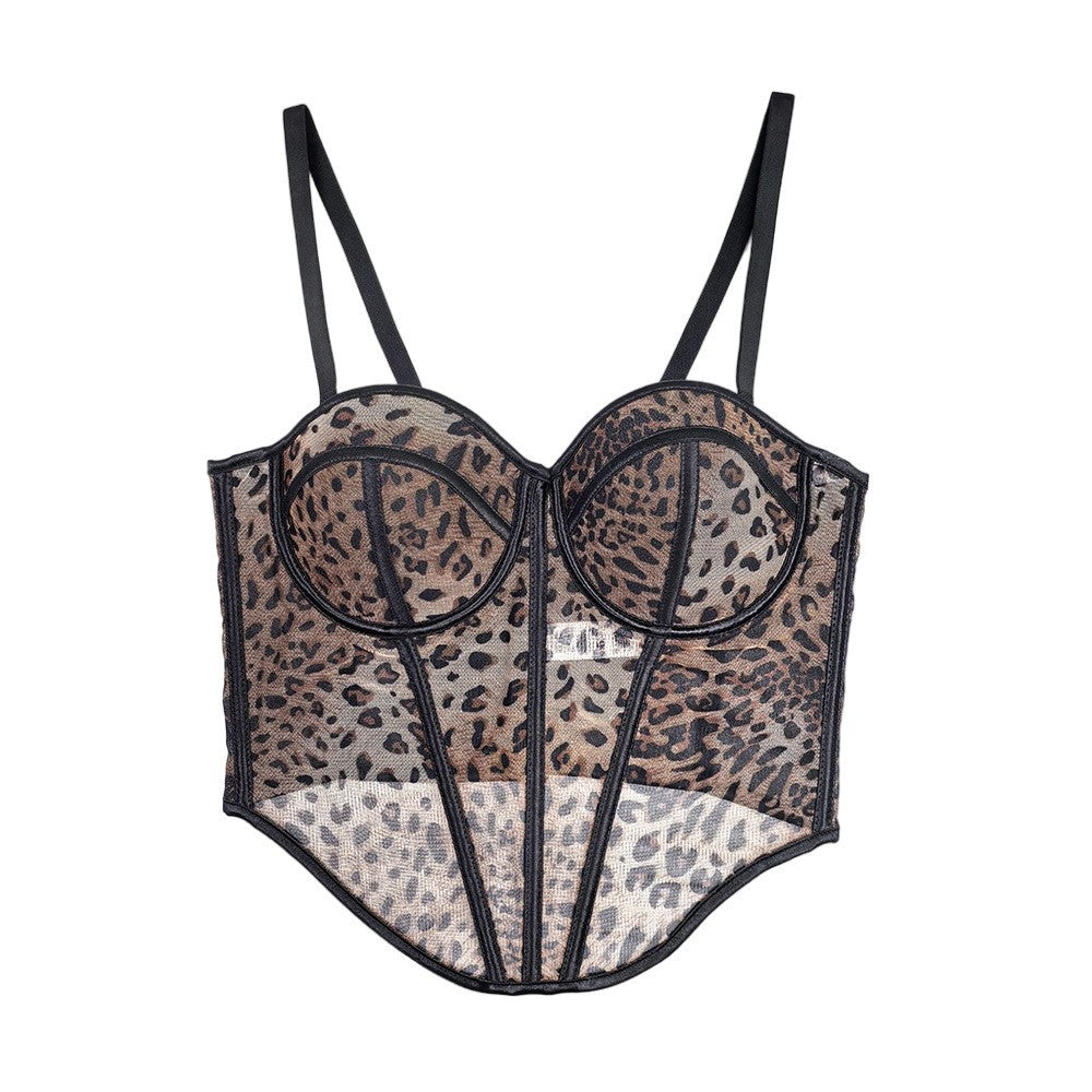 Leopard Print Mesh Panel Boned Corset Bra Top
