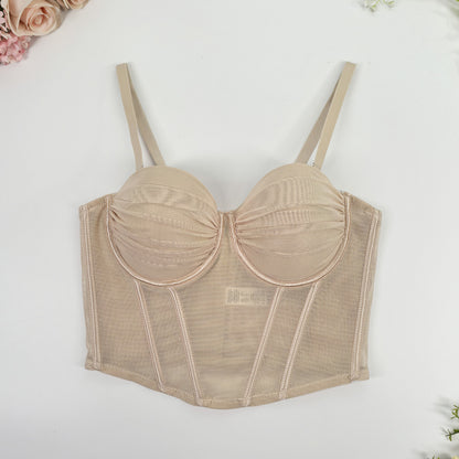 French Lace Mesh Backless Boned Bustier Top