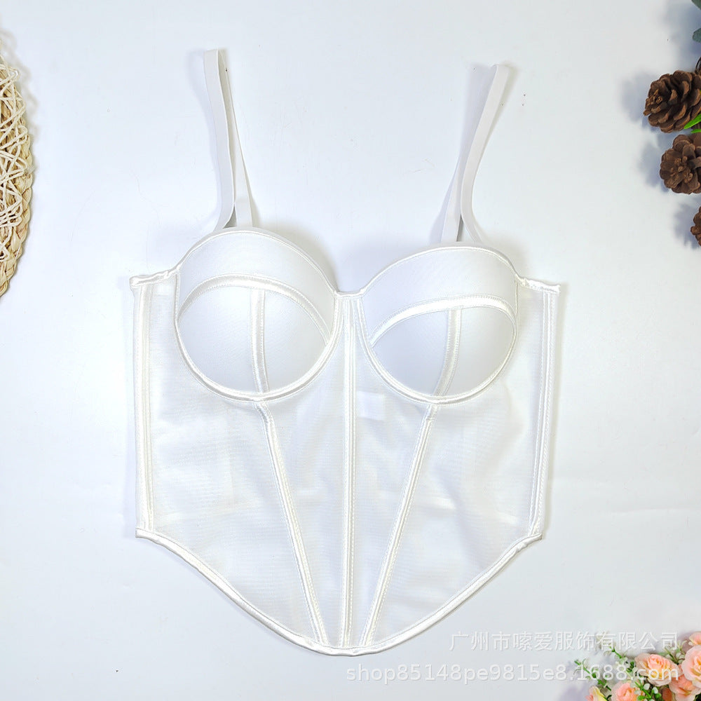 Color-Block Mesh Boned Bustier Top with Pads