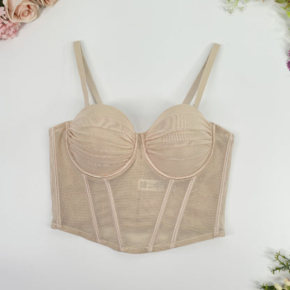 French Lace Mesh Backless Boned Bustier Top